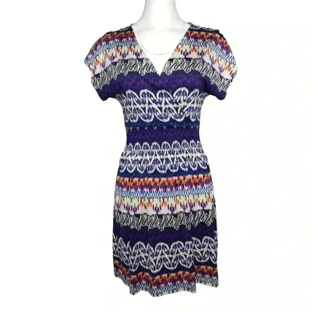 Tory Burch ARJETA Silk Dress Purple Blue Multicolor Cap Sleeve V-Neck Size Small